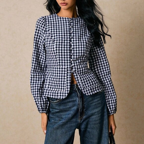 Black And White Casual Women's Versatile Plaid Waist Cinched Long Sleeve Fitted - Picture 6 of 7